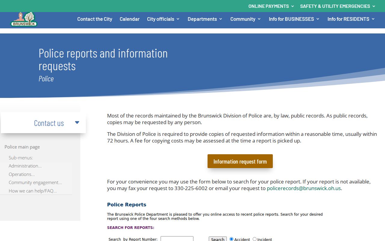 Brunswick resident lookup Police records information request page